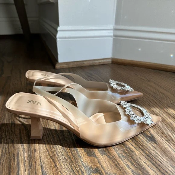 Zara Nude Pointed-Toe Slingback Flats with Crystal Buckle - Picture 4 of 7
